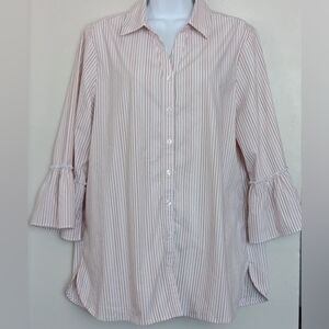 Chico's Women's Taupe and White Striped Shirt Ruffled 3/4 Sleeve Sz 2